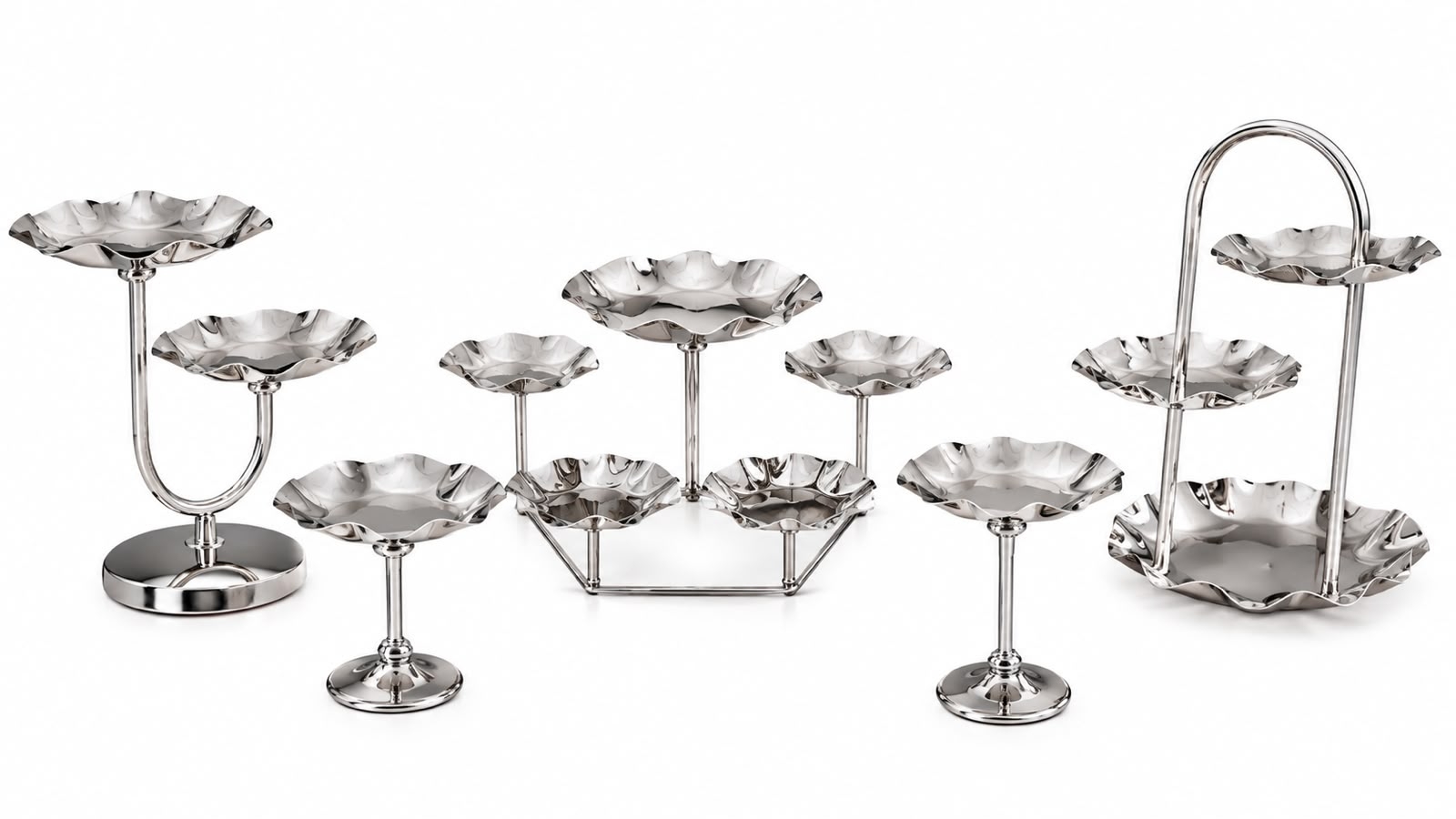REF 8174 - Baleiro Flor 2 Pratos 40Cm Larg 30Cm Alt
REF 8173 - Baleiro Flor 3 Pratos 30Cm Larg 40Cm Alt
REF 8172 - Baleiro Flor 5 Pratos 55Cm Larg 20Cm Alt
REF 8175 - Suporte Flor M 17Cm Di&acirc;m 20Cm Alt
REF 8176 - Suporte Flor P 17Cm Di&acirc;m 15Cm Alt